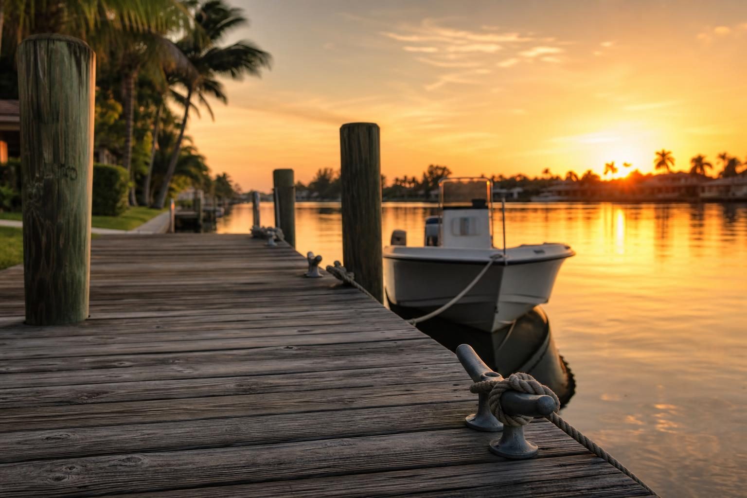 A wooden dock at sunset on the calm river