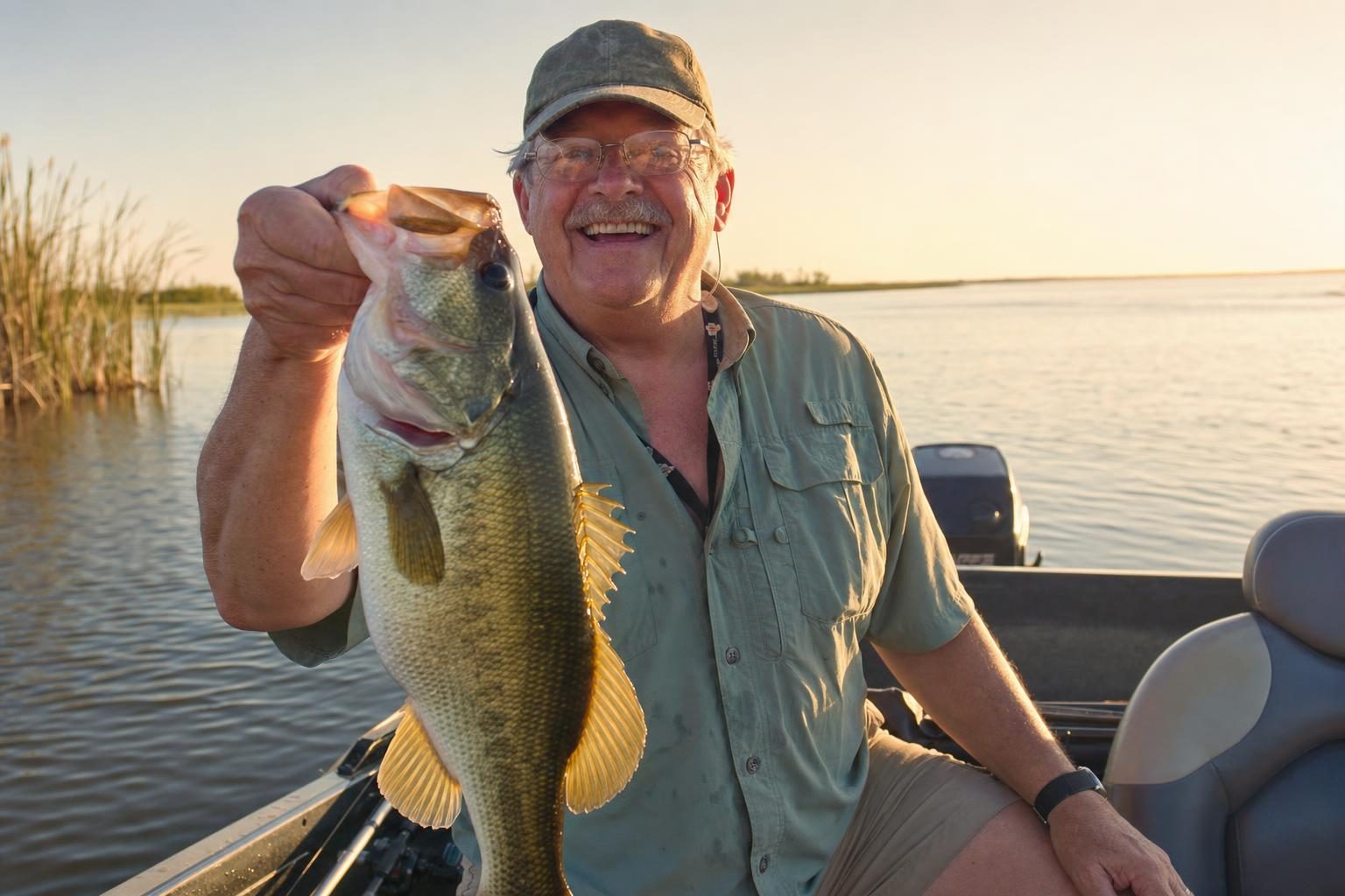 A resident holding up a large largemouth bass caught on Lake Okeechobee at golden hour