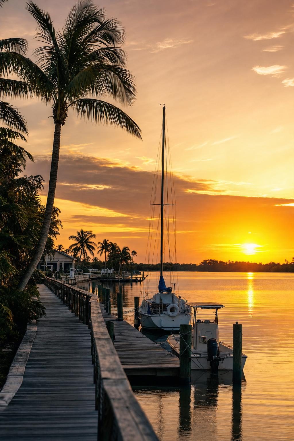 Sunset over the Caloosahatchee River, with a dock and moored boats at Moore Haven Yacht Club